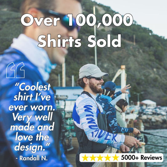 Anglers wearing blue camo fishing shirts on tournament boat with testimonial overlay