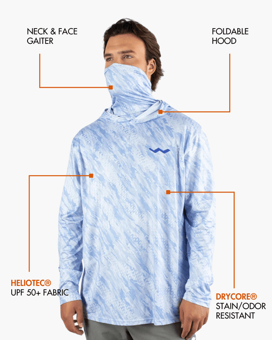 Front view of blue camo hooded shirt showing gaiter pulled down around neck