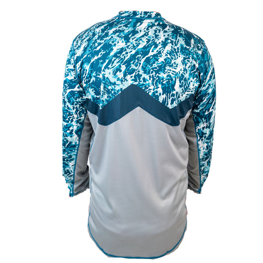 Back view roiling sea pattern sol invictus pro shirt showing mesh panels and colorblock design