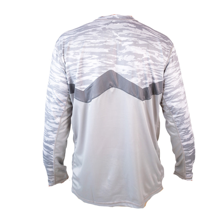 Back view snowy tundra white pattern sol invictus pro shirt showing mesh panels colorblock