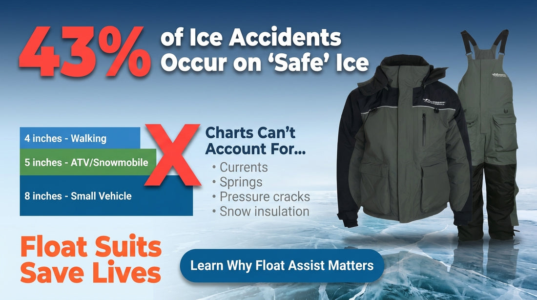 Ice safety chart infographic showing 43% of ice accidents occur on safe ice - float suits save lives