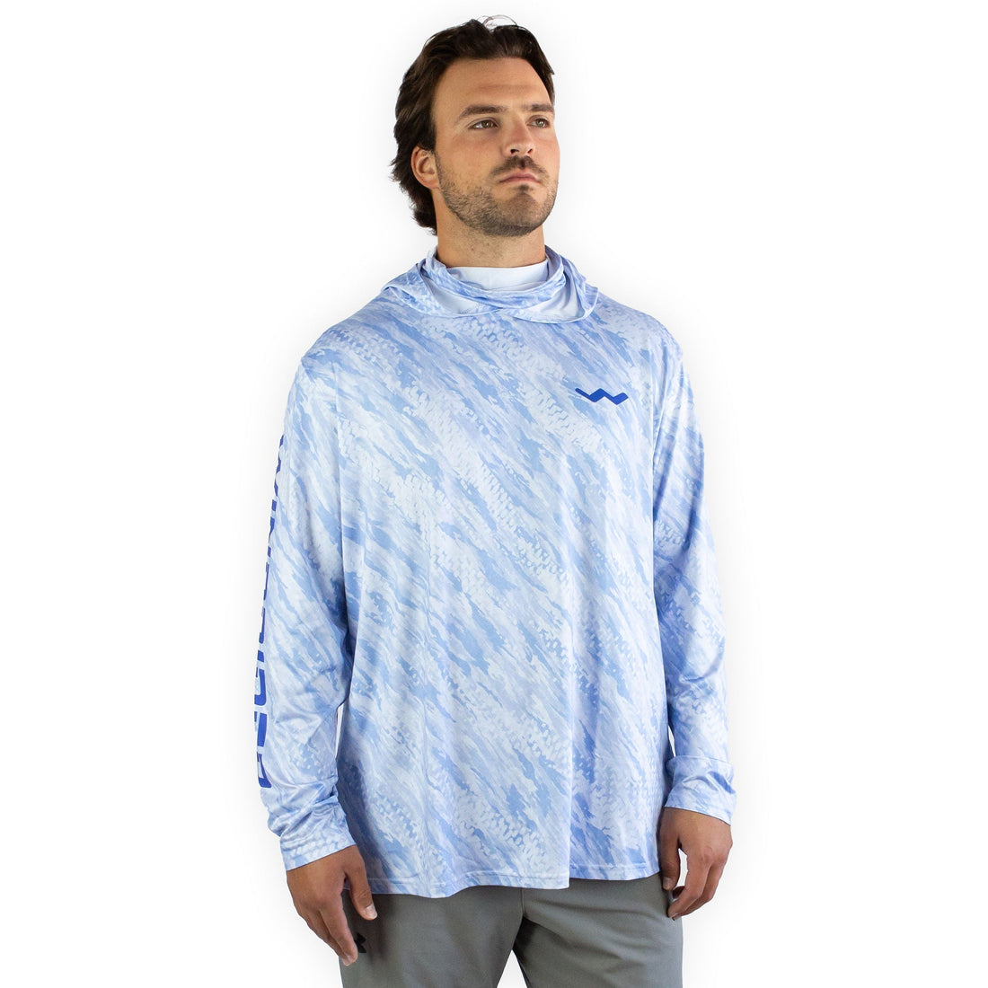Angler in hooded Helios fishing shirt with full sun protection on bright day