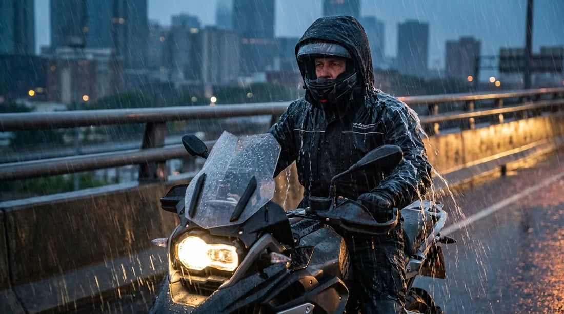 male rider on motorcycle in heavy rain, full rain suit, urban highway overpass in background, water sheeting off jacket shoulders