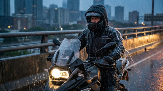 male rider on motorcycle in heavy rain, full rain suit, urban highway overpass in background, water sheeting off jacket shoulders