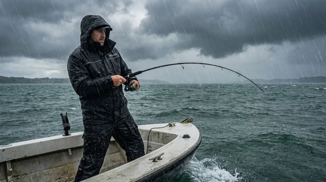 angler in rain gear standing at the bow of a fishing boat in heavy rain, water beading off jacket, holding a fishing rod against stormy grey skies