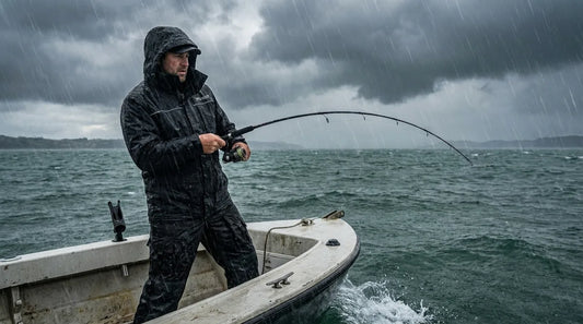 angler in rain gear standing at the bow of a fishing boat in heavy rain, water beading off jacket, holding a fishing rod against stormy grey skies