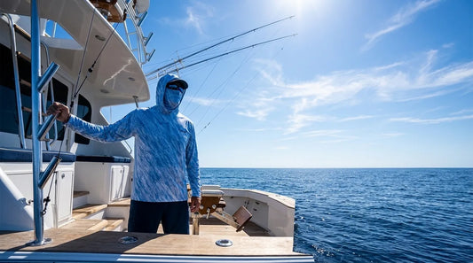 angler in hooded UPF fishing shirt standing at the cockpit of an offshore sportfisher, blue water in the background, bright midday sun, scanning the horizon for billfish