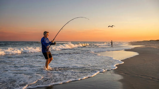 angler on open beach surf casting at dawn, long-sleeve UPF shirt visible, waves breaking behind, rod bent hard