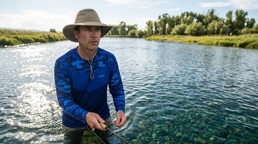 angler wading a clear-water tailwater river, knee-deep in a wide riffle, midsummer afternoon sun creating glare on the water surface, focused on a drift downstream, wearing a light-colored long sleeve UPF shirt and wide-brim hat