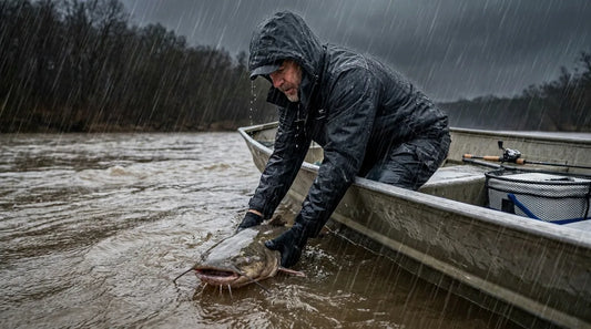 angler in rain gear leaning over the side of an aluminum jon boat on a wide river, reaching for a large catfish in heavy rain, river current visible, overcast sky