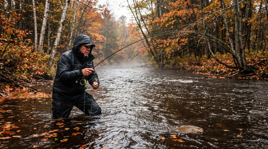 angler in dark rain jacket wading a narrow, tree-lined river in overcast autumn conditions, fallen leaves on the water surface, rod bent under load