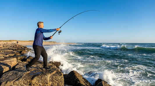 angler standing on ocean beach jetty casting into breaking waves, bright September morning light, clear sky, long sleeve UPF fishing shirt