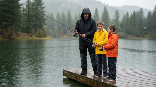 parent and two children fishing from a dock in light rain, all wearing bright rain jackets, rods in hand, smiling despite the overcast sky