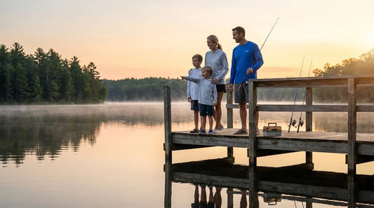 Family fishing from a dock at sunrise wearing sun protection shirts