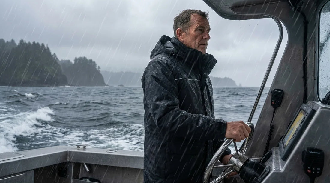 charter captain in full waterproof rain suit at the helm of a boat in heavy rain, working conditions, Pacific Northwest coastal setting
