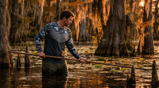 angler wading a shallow Southern marsh at golden hour, holding a gig pole, wearing a long-sleeve sun shirt, amber late-afternoon light reflecting off the water