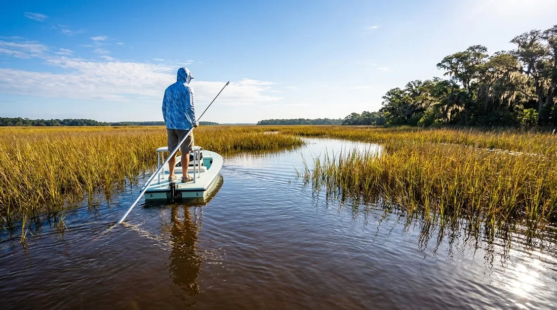 angler standing in shallow tidal marsh grass flat, Georgia coast, poling a skiff in bright summer sun, wearing a hooded sun shirt with neck gaiter pulled up, golden light on dark water