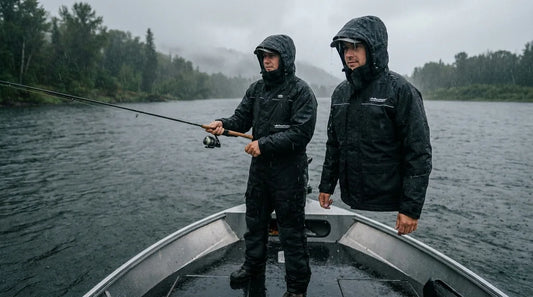 angler in rain jacket standing at bow of fishing boat in steady rain, actively casting, jacket visibly dry outside while angler appears comfortable and not overheated