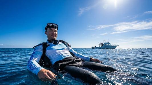 diver on the surface between dives, wetsuit partially unzipped and wearing a UPF long-sleeve shirt over it, bright midday sun on open ocean, boat visible in background
