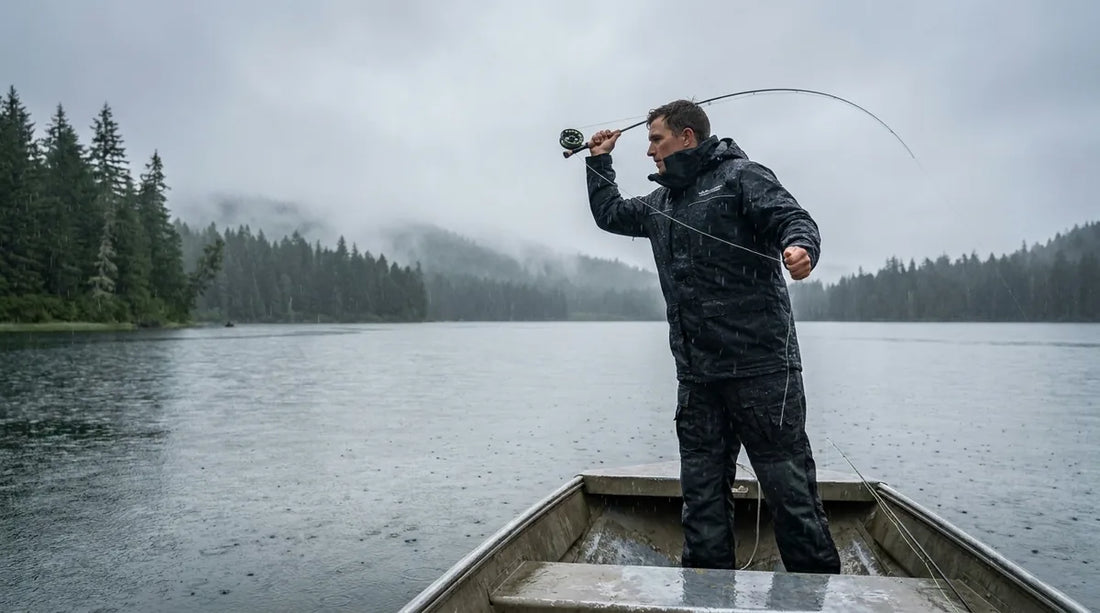 angler standing at the bow of a fishing boat in rain gear, active casting posture, light rain falling, overcast morning sky