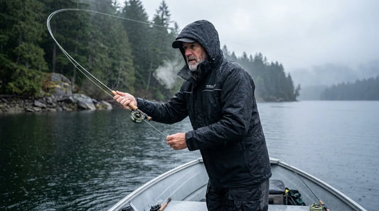 angler in black rain jacket actively casting from a boat in overcast rainy conditions, slight vapor visible near collar suggesting body heat escaping, water sheeting off shoulders