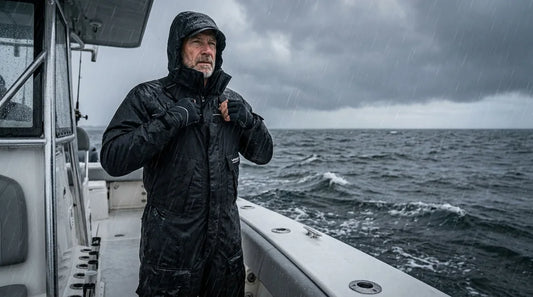 angler on a rain-soaked boat deck wearing full jacket and bib rain suit, adjusting bib shoulder straps, heavy rain and grey skies over open water