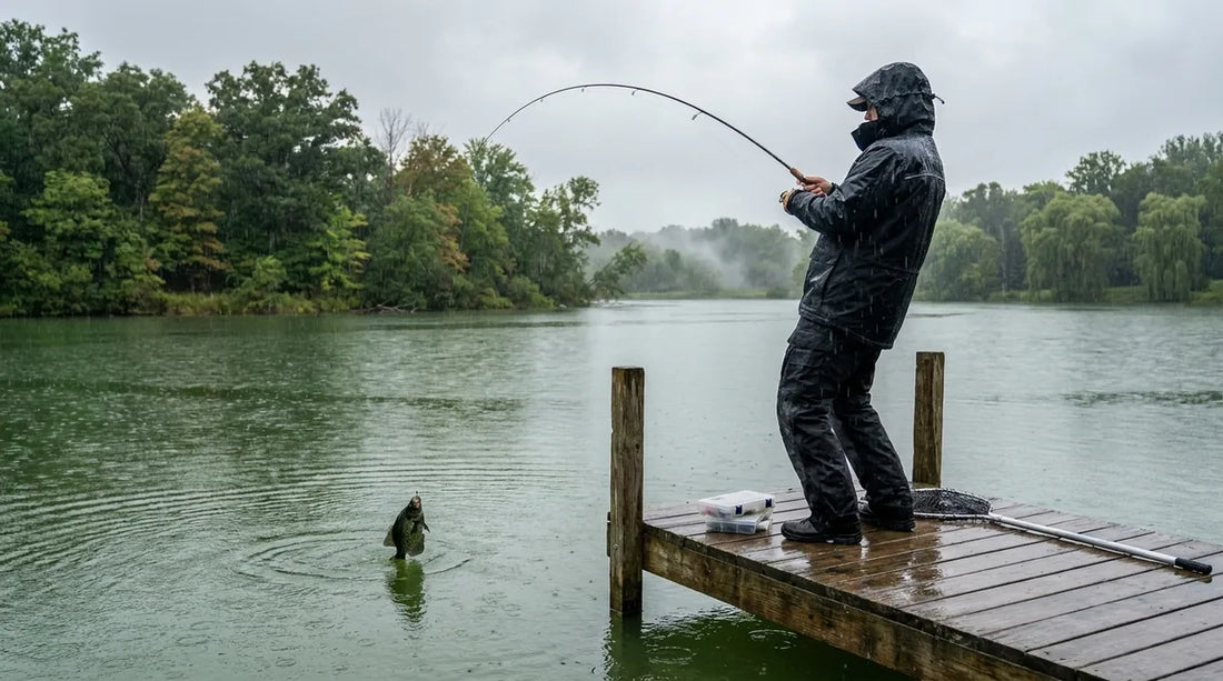 angler fishing from a dock in steady rain, overcast sky, green tree-lined lake, fishing rod bent with a crappie on the line