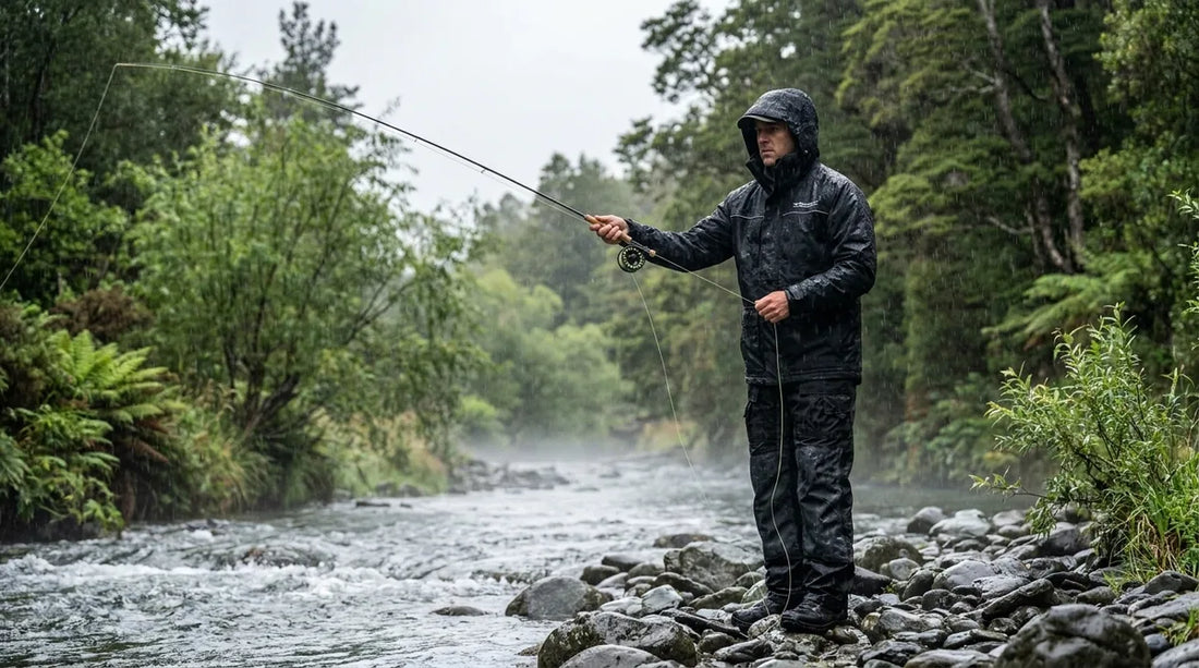 angler in rain jacket standing at edge of river, casting into a rifle run, overcast sky with light drizzle, green foliage in background