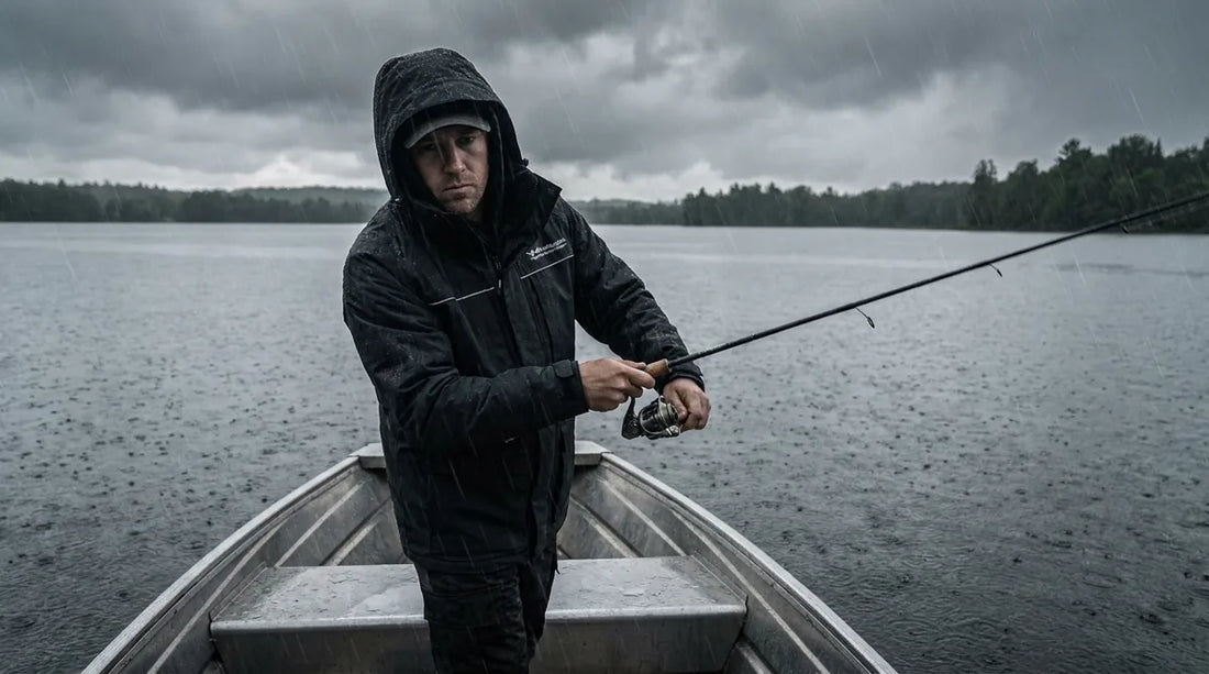 angler in rain jacket casting from the bow of an aluminum fishing boat on a grey overcast lake, light rain visible on the water surface, muted natural light