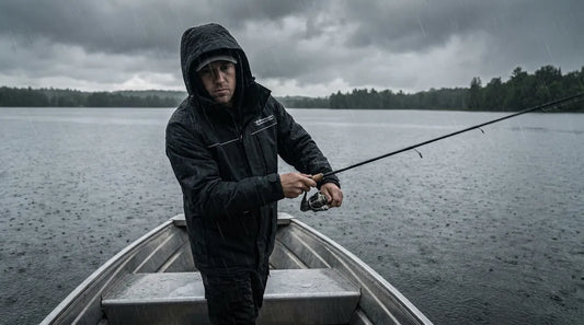 angler in rain jacket casting from the bow of an aluminum fishing boat on a grey overcast lake, light rain visible on the water surface, muted natural light