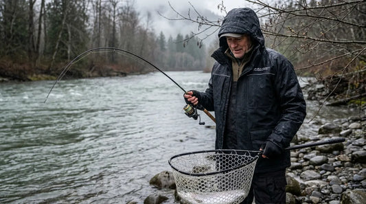 angler on river bank in early spring rain, dark overcast sky, wearing full rain jacket and layered mid-layer visible at collar, holding spinning rod with steelhead in net at feet