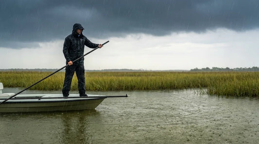 angler poling a shallow-water flats skiff in steady rain, scanning the surface, overcast sky, green marsh grasses in background