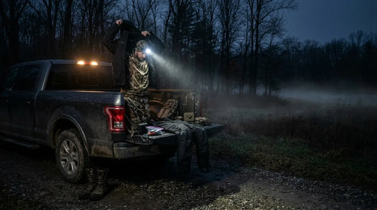 hunter in camo base layers pulling on a matte-shell rain jacket at the tailgate of a truck before dawn, headlamp on, fog in the treeline, gear laid out including bibs
