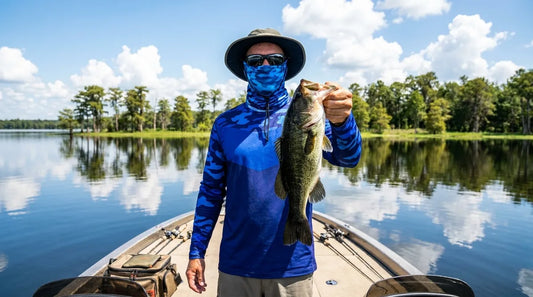angler in a bass boat on a glassy lake, midsummer midday light, wearing a long-sleeve UPF sun shirt and neck gaiter pulled up, holding a largemouth bass just landed