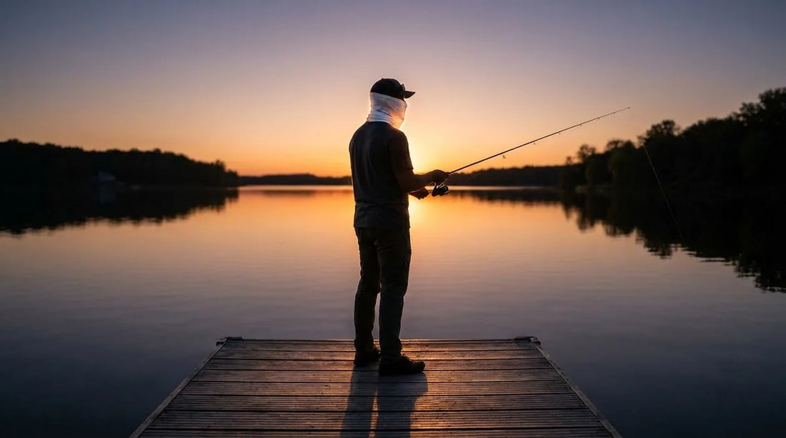 angler on a dock at dusk casting into calm water, face gaiter pulled up over chin and nose, warm golden light low on the horizon behind them