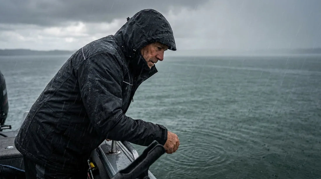 angler in rain jacket leaning over the side of a boat in steady rainfall, reading a fish, midday flat light with grey overcast sky