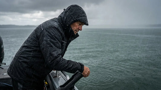 angler in rain jacket leaning over the side of a boat in steady rainfall, reading a fish, midday flat light with grey overcast sky