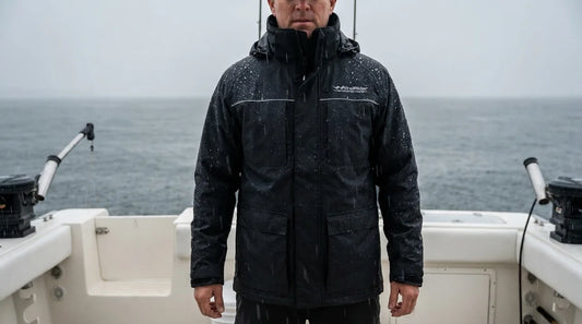 angler standing on a boat deck in steady rain wearing a dark rain jacket, water visibly beading and rolling off the shoulders and sleeves, overcast gray sky, mid-shot