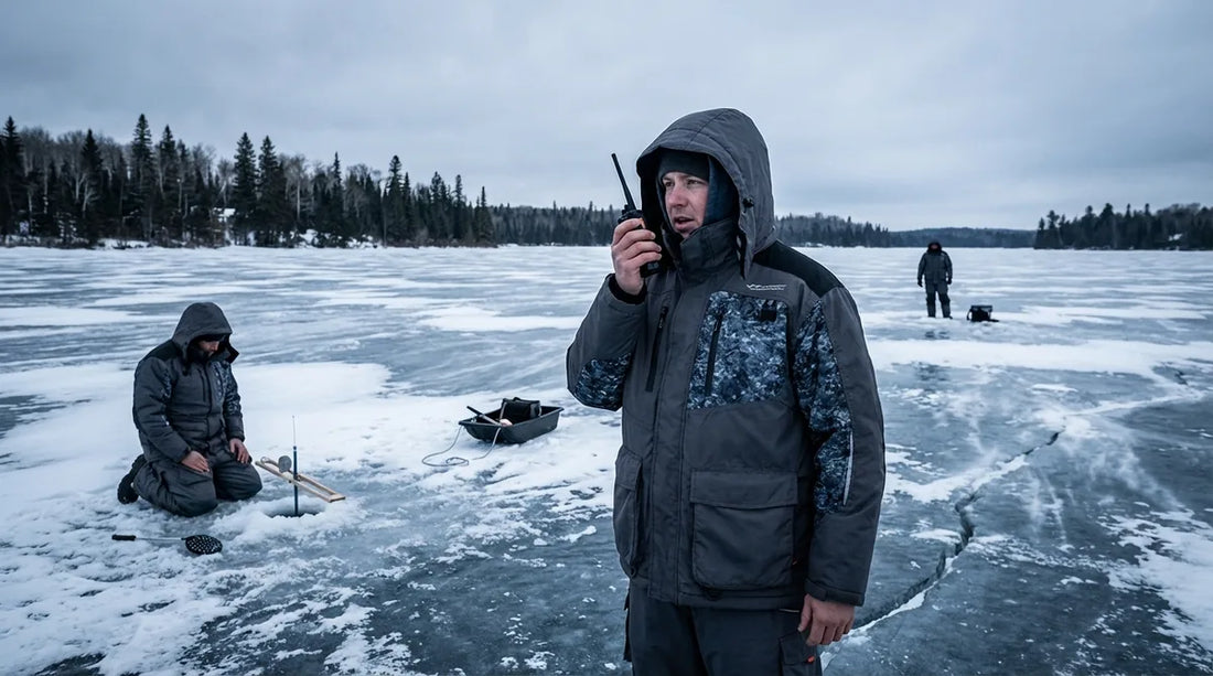 three ice anglers spread across a large frozen lake, each near separate ice holes, with one angler holding a handheld radio up to speak while dressed in a full ice suit, overcast winter sky, wide open expanse of ice