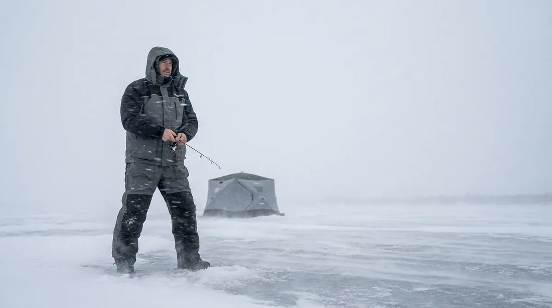 angler in bright orange/high-visibility ice suit standing on a frozen lake in heavy snowfall, near a portable ice shelter, wind-blown snow reducing visibility, tense and alert posture