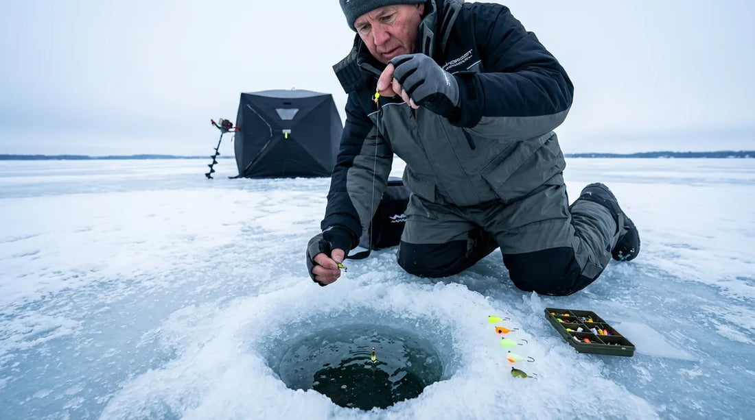 angler kneeling over an ice hole, tungsten jig suspended in clear water visible through the hole, winter light on a frozen lake