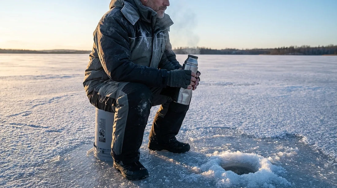 angler seated on an ice fishing bucket beside a shanty hole, hands wrapped around a warm thermos, winter frost visible on their suit, low-angle morning light