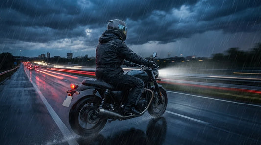 rider in full motorcycle rain suit on a wet highway, heavy rain, headlights reflecting off slick pavement, shot from slightly behind and to the side