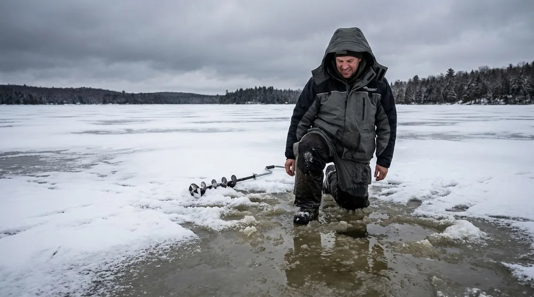 ice angler kneeling on wet, slushy ice surface, visible dark water pooling through snow, overcast winter sky, looking down at soaked boot and pant leg