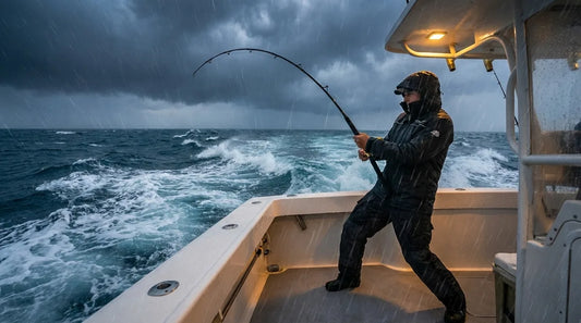 angler on offshore wreck boat in rain, bent rod fighting amberjack, spray coming over the bow, wearing yellow rain jacket and bibs