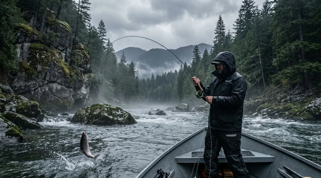 angler in full rain suit fishing from a drift boat on a rocky British Columbia river canyon, heavy overcast sky, mist rising off the water, mountains visible in background