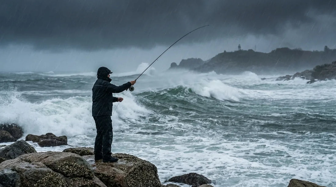 surf angler casting into heavy nor'easter surf on a rocky New England beach, driving rain and mist, grey churning ocean, wearing dark waterproof rain jacket with hood cinched tight