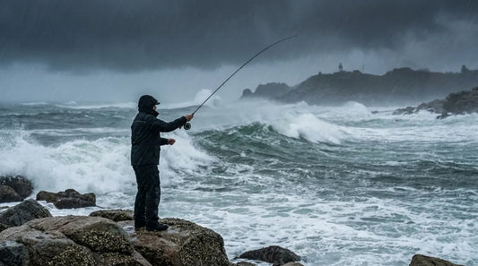 surf angler casting into heavy nor'easter surf on a rocky New England beach, driving rain and mist, grey churning ocean, wearing dark waterproof rain jacket with hood cinched tight