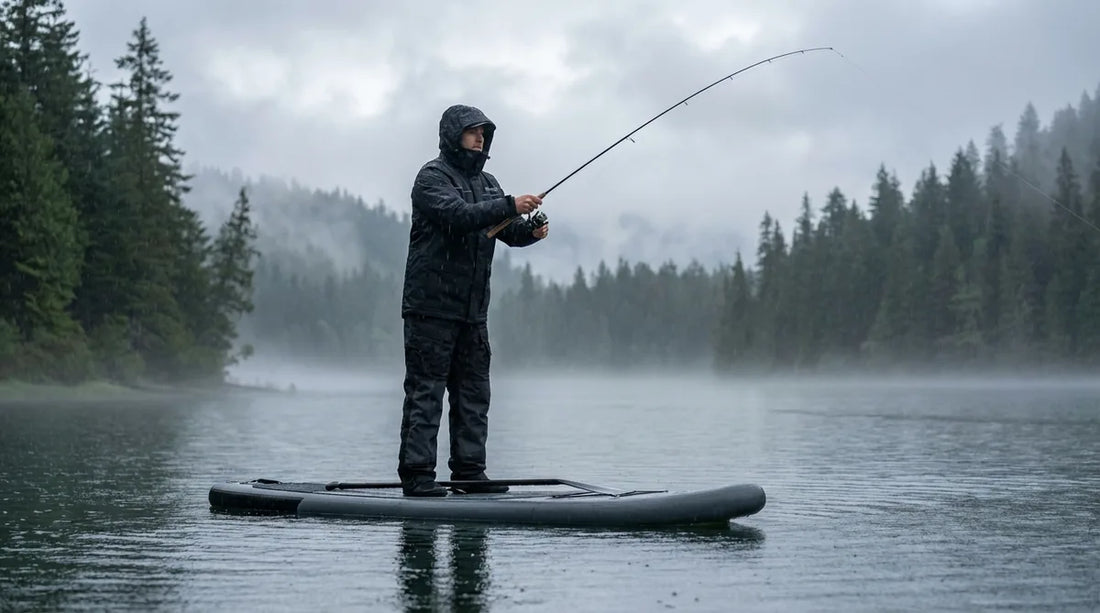 angler standing on a SUP paddleboard casting a fishing rod on a misty lake, light rain falling, wearing a fitted waterproof rain jacket, paddle resting across the board