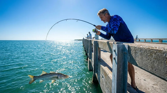 angler standing on a Florida bridge railing at midday, rod bent with a snook run, bright sun overhead and water glittering below, wearing a long sleeve UPF sun shirt